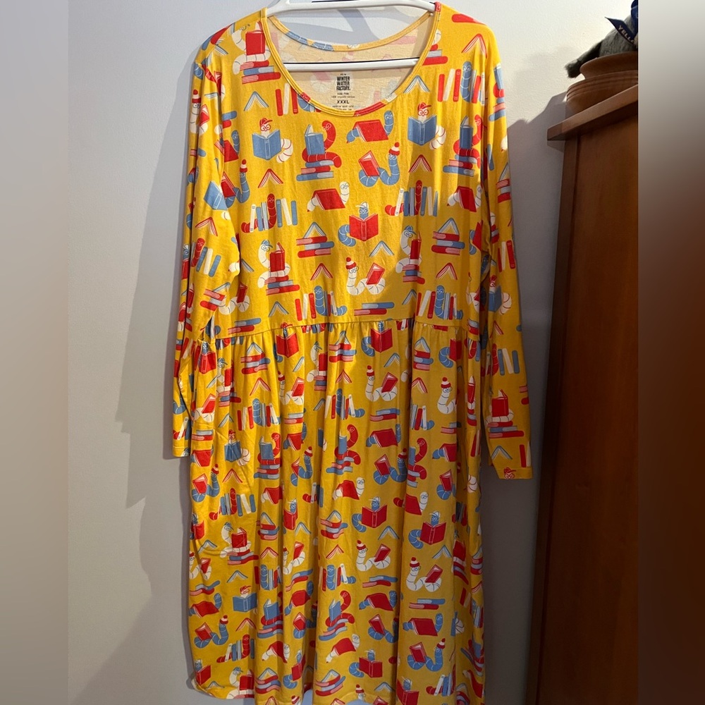 Winter Water Factory Yellow Book-Print Long Sleeve Dress - Picture 2 of 4